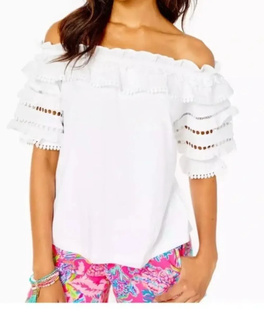 Lilly Pulitzer Brentwood Off The Shoulder Top Size Small Ruffle Cutout White